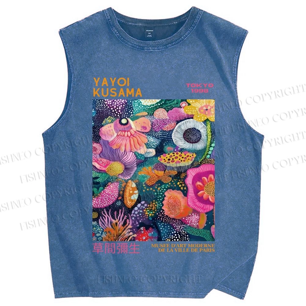 Unisex Yayoi Kusama Multicolor Flowers Printed Washed Tank Top