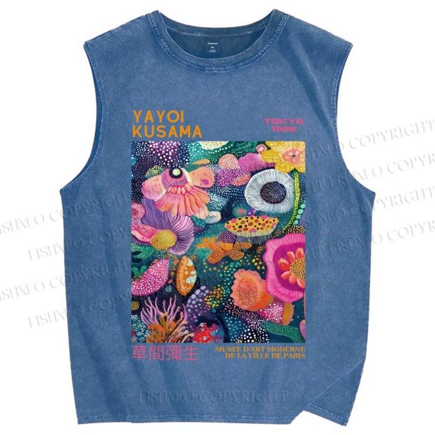 Unisex Yayoi Kusama Multicolor Flowers Printed Washed Tank Top