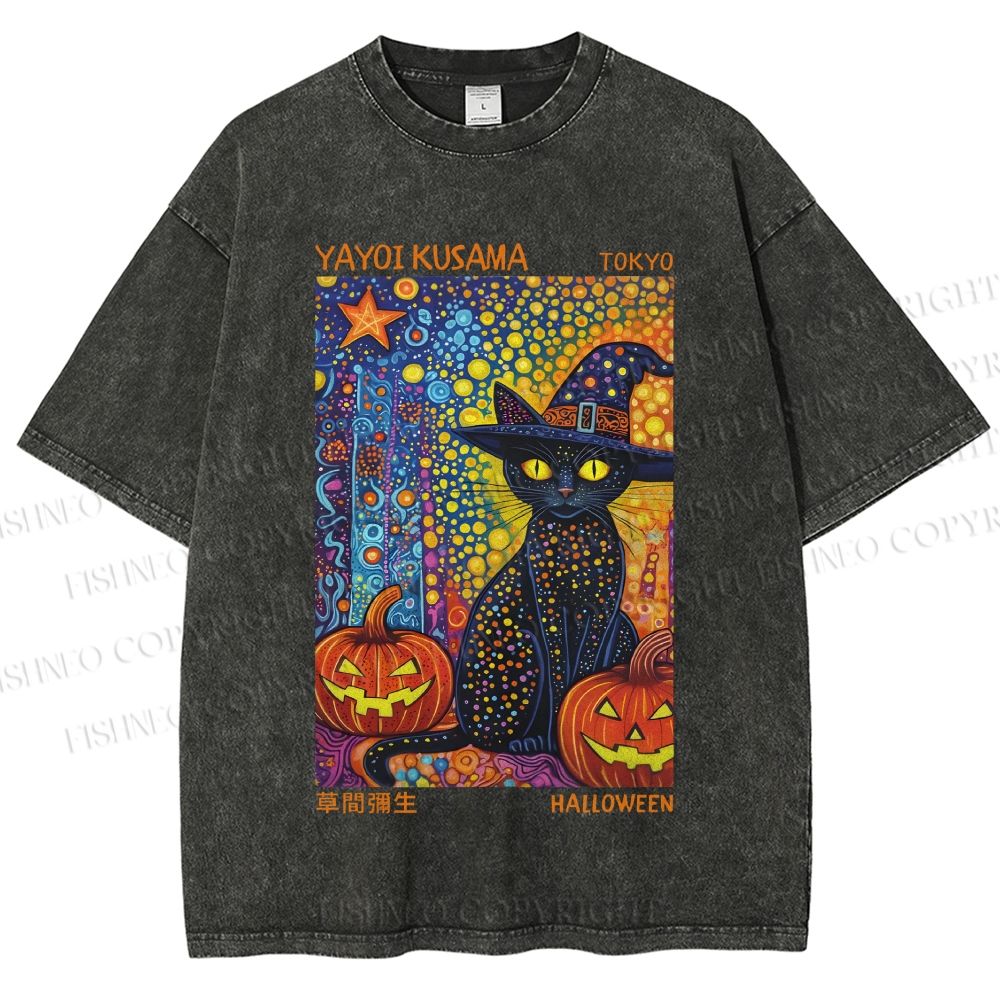 Unisex Yayoi Kusama Halloween Black Cat Printed Washed Tee