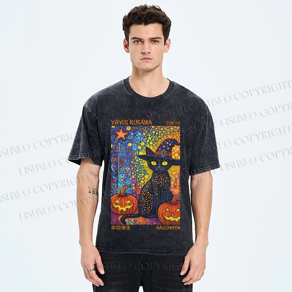 Unisex Yayoi Kusama Halloween Black Cat Printed Washed Tee