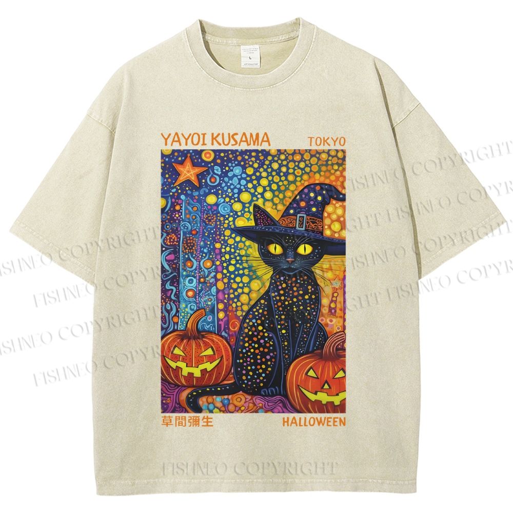 Unisex Yayoi Kusama Halloween Black Cat Printed Washed Tee