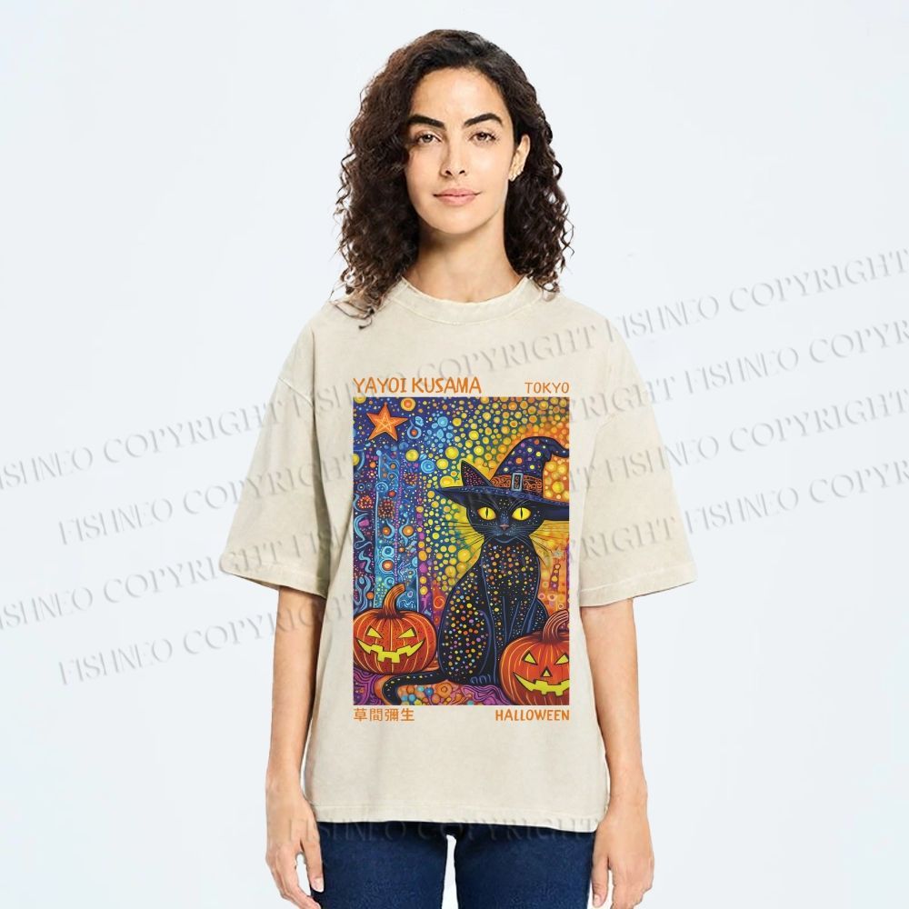 Unisex Yayoi Kusama Halloween Black Cat Printed Washed Tee