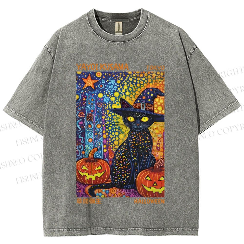 Unisex Yayoi Kusama Halloween Black Cat Printed Washed Tee