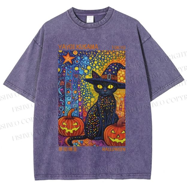 Unisex Yayoi Kusama Halloween Black Cat Printed Washed Tee