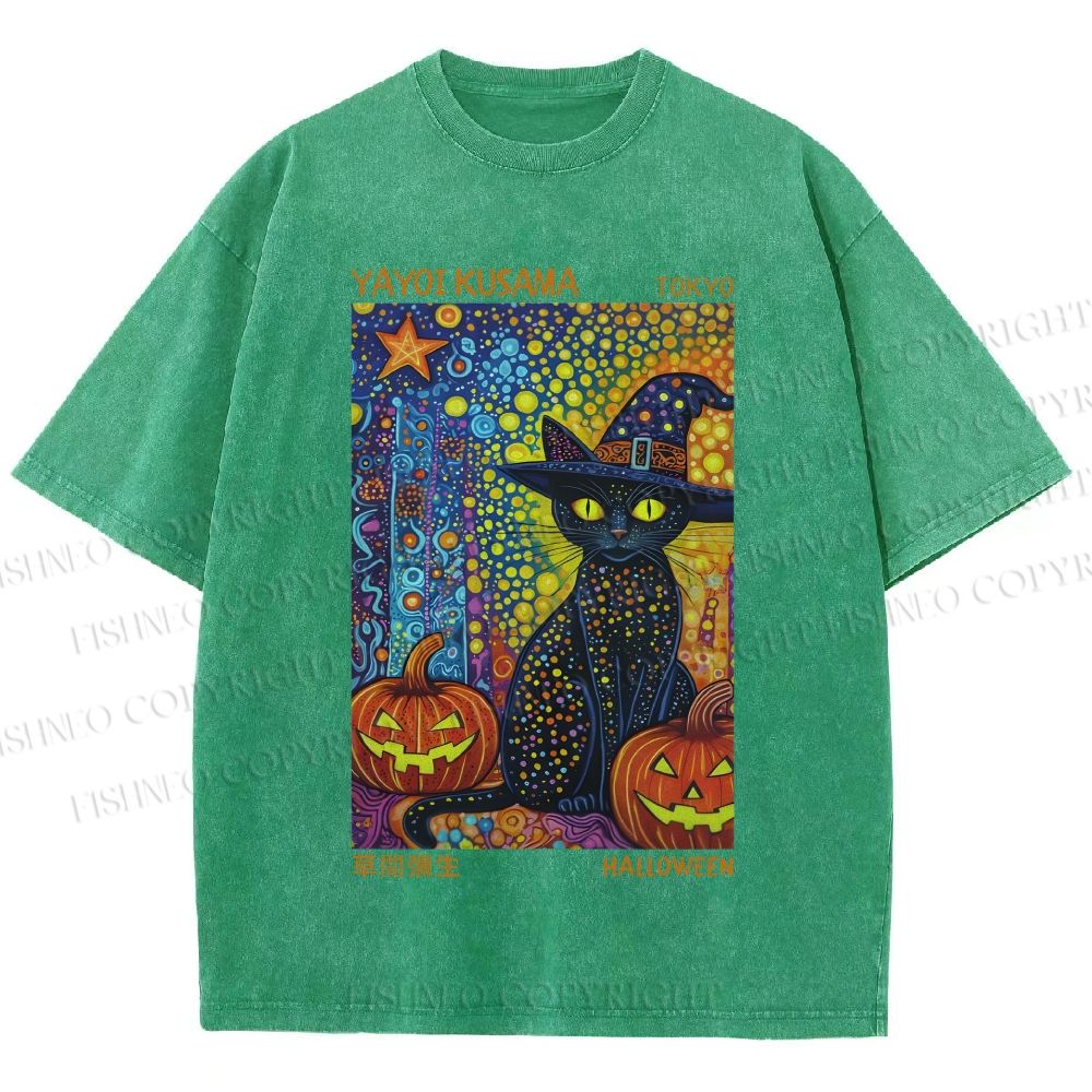 Unisex Yayoi Kusama Halloween Black Cat Printed Washed Tee