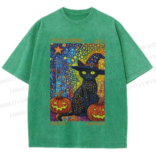 Unisex Yayoi Kusama Halloween Black Cat Printed Washed Tee