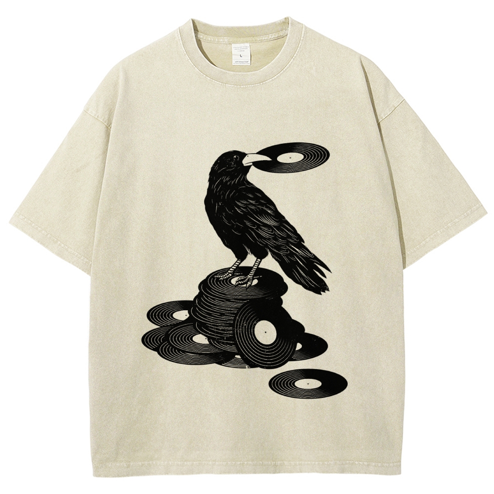 Unisex Vinyl Crow Retro Music Vintage Washed T-shirt