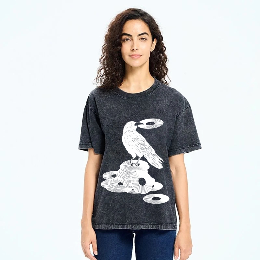 Unisex Vinyl Crow Retro Music Vintage Washed T-shirt