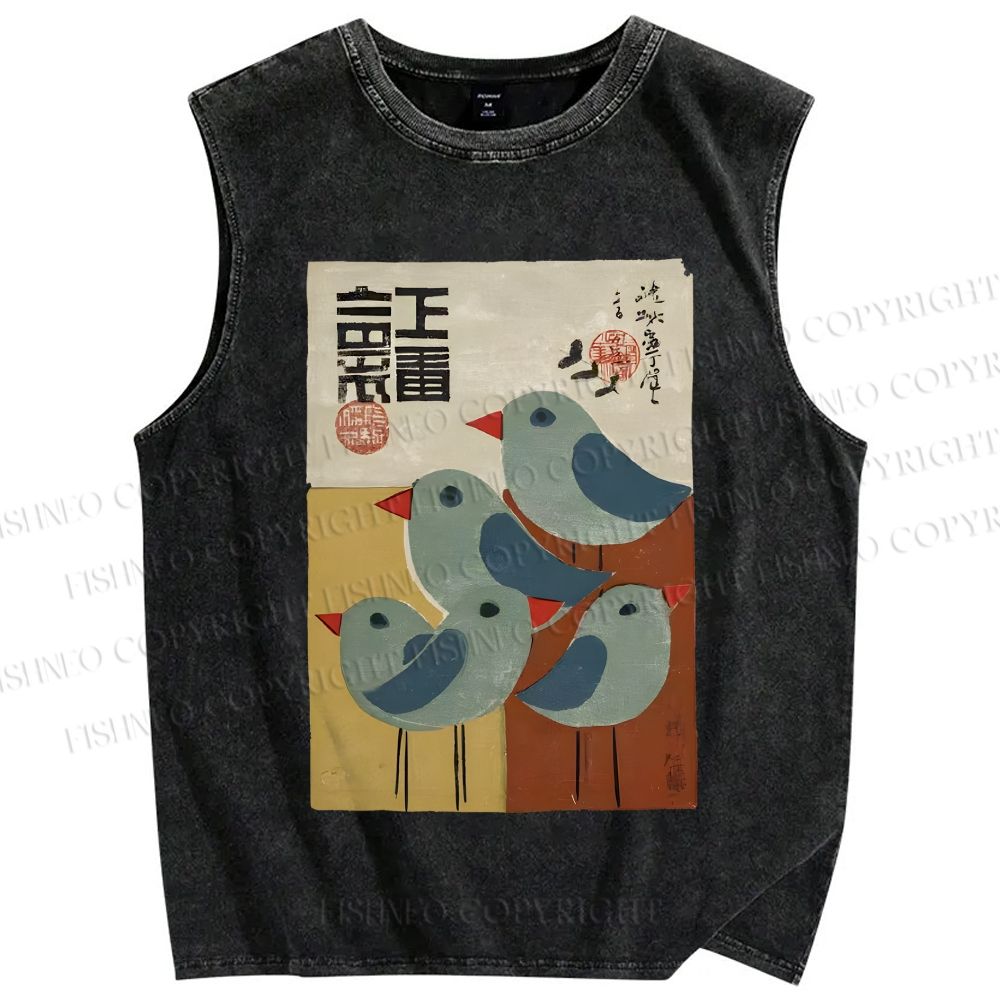 Unisex Vintage Japanese Birds Printed Washed Tank Top