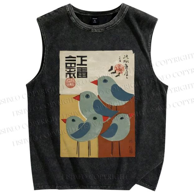 Unisex Vintage Japanese Birds Printed Washed Tank Top