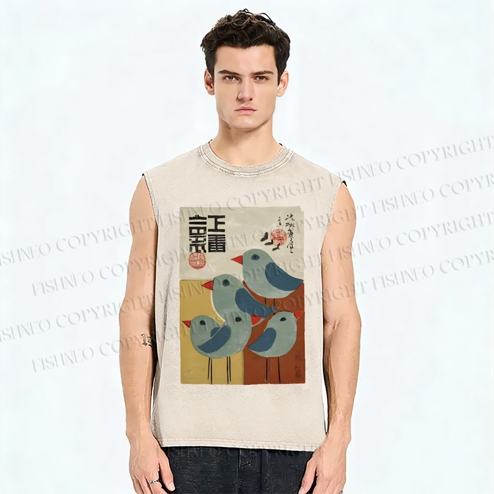 Unisex Vintage Japanese Birds Printed Washed Tank Top