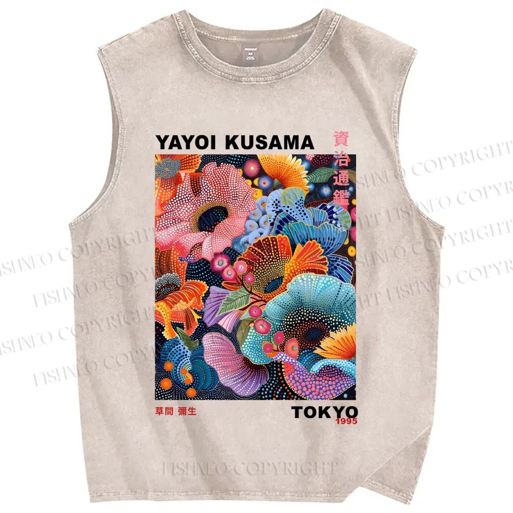 Unisex Yayoi Kusama Multicolor Flowers Printed Washed Tank Top