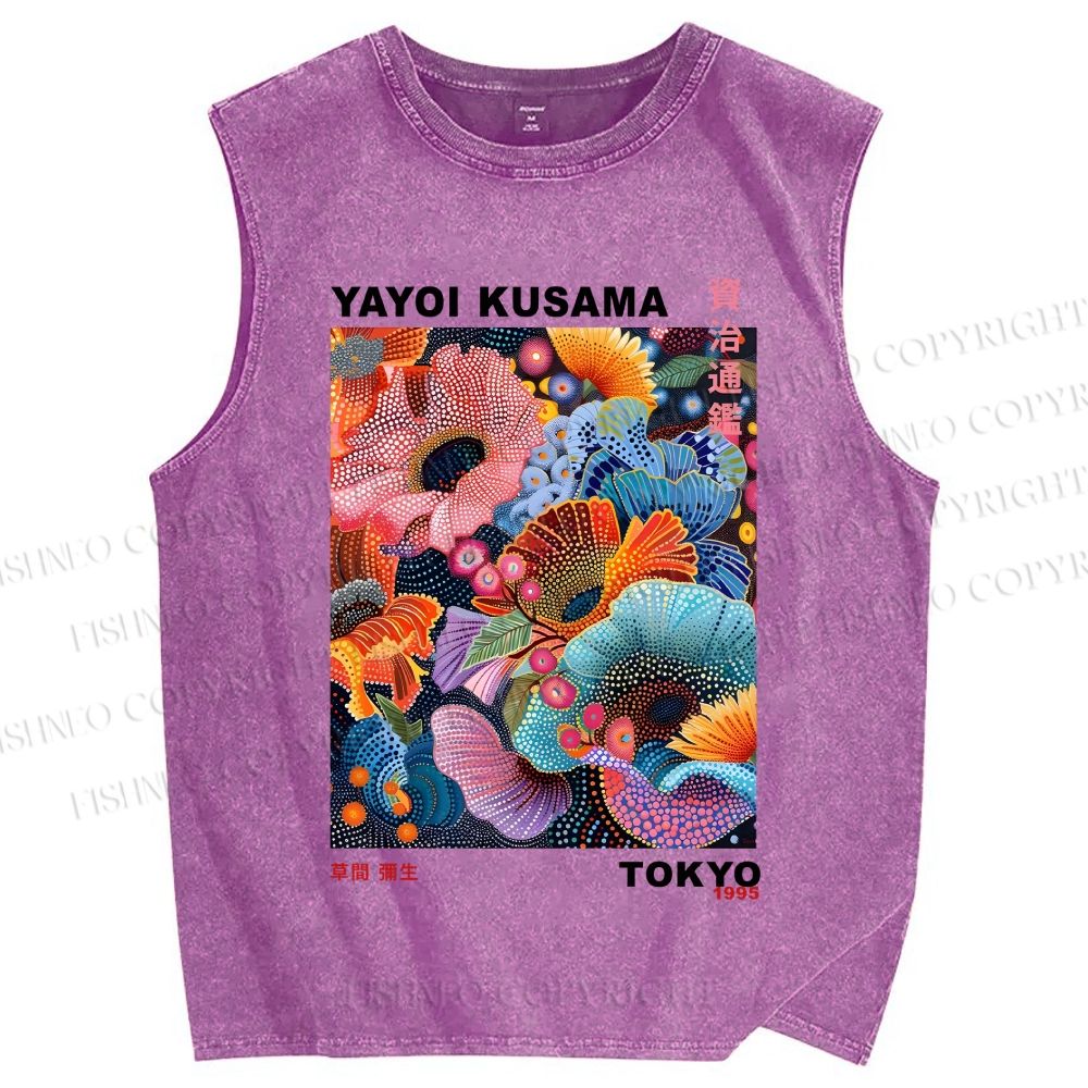 Unisex Yayoi Kusama Multicolor Flowers Printed Washed Tank Top