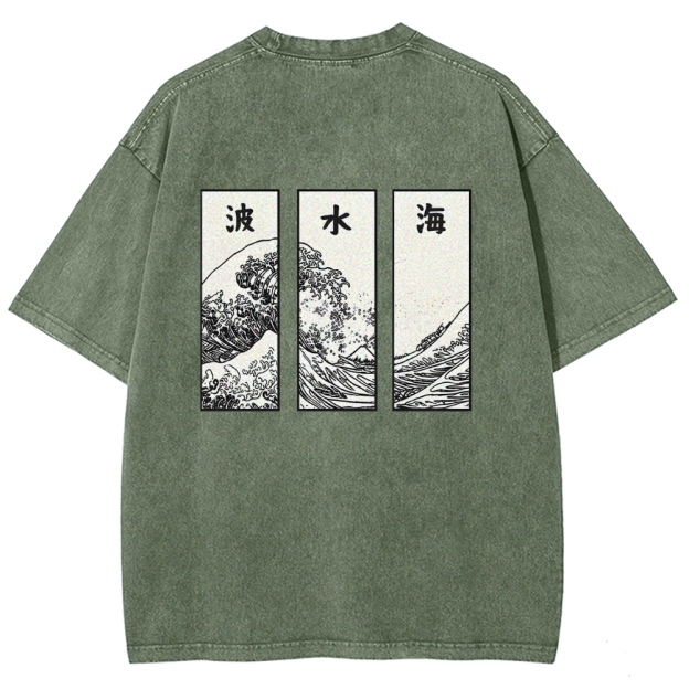 Japanese Art Wave Back Washed T-Shirt