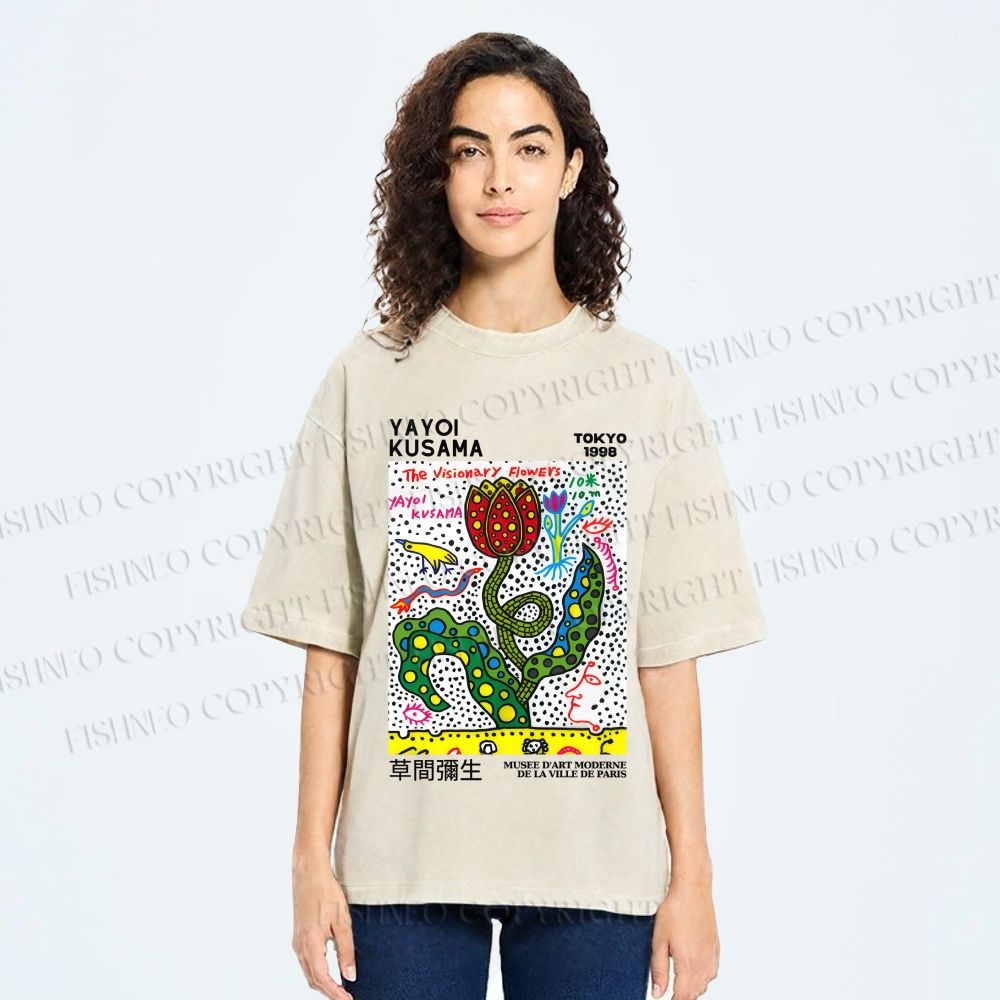 Unisex Yayoi Kusama Flower With Dots Printed Washed Tee