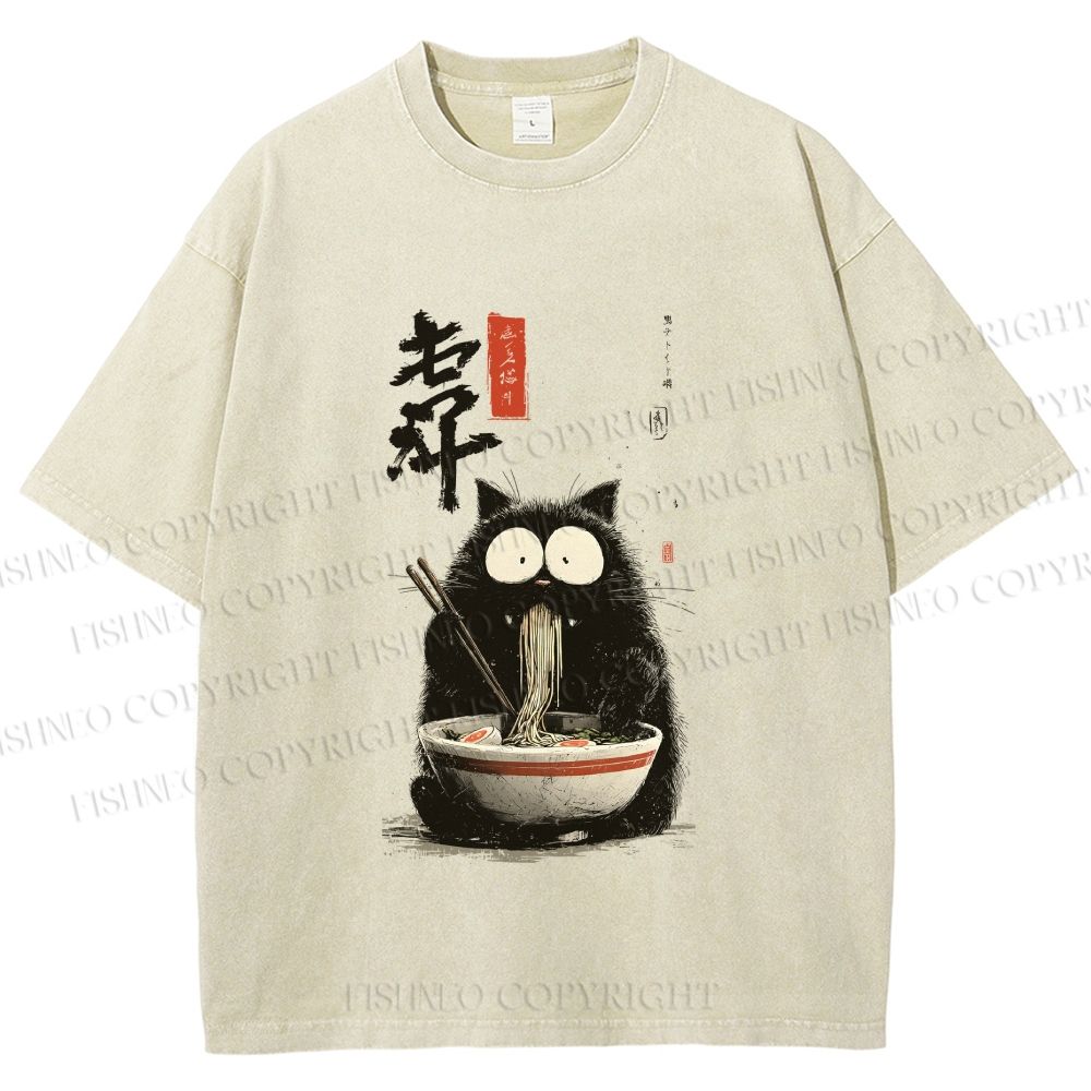 Unisex Ramen Cat Printed Washed Tee