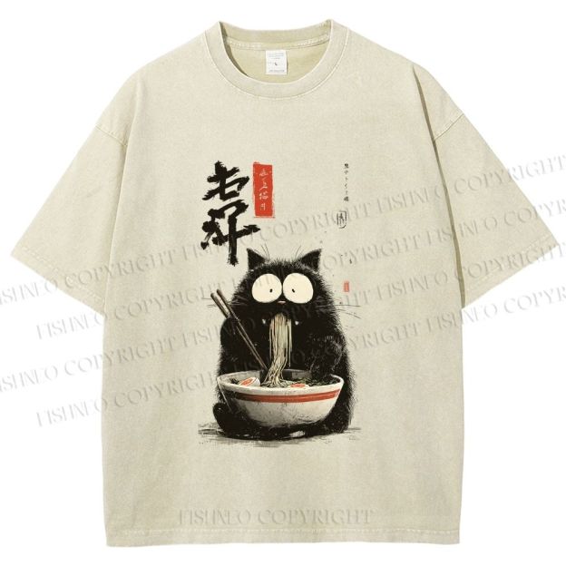 Unisex Ramen Cat Printed Washed Tee
