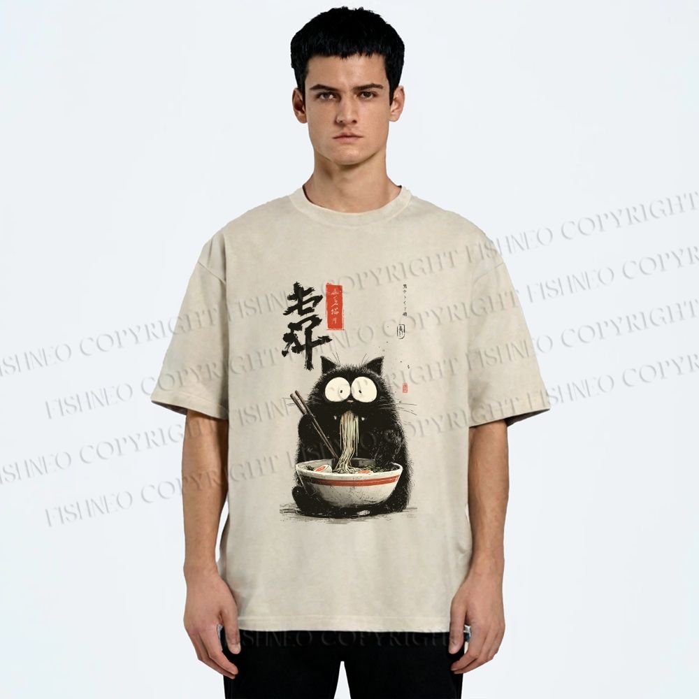 Unisex Ramen Cat Printed Washed Tee