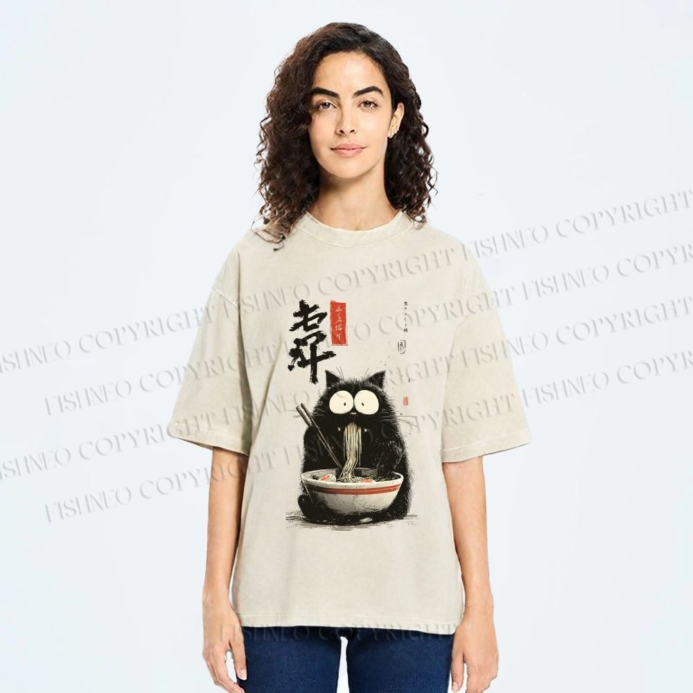 Unisex Ramen Cat Printed Washed Tee