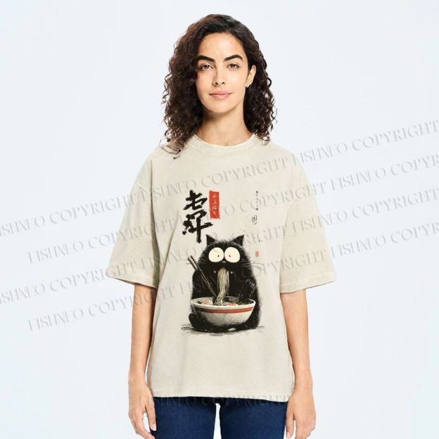 Unisex Ramen Cat Printed Washed Tee