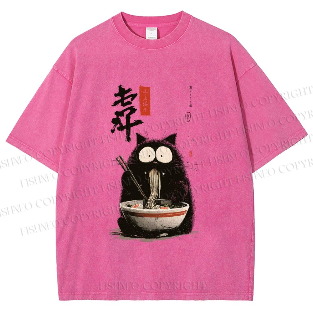 Unisex Ramen Cat Printed Washed Tee