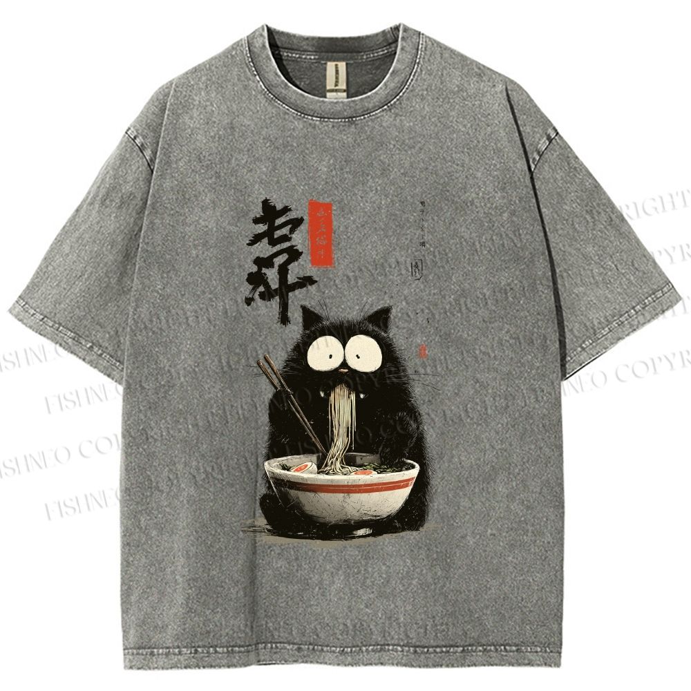 Unisex Ramen Cat Printed Washed Tee