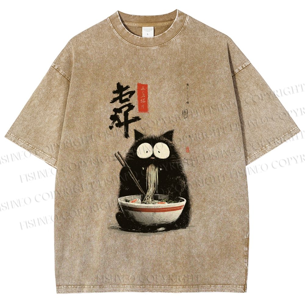 Unisex Ramen Cat Printed Washed Tee