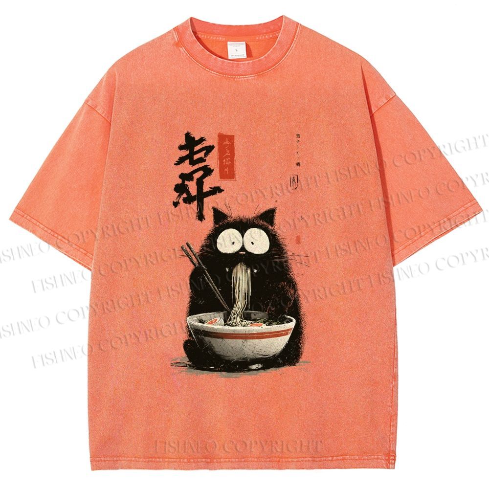 Unisex Ramen Cat Printed Washed Tee