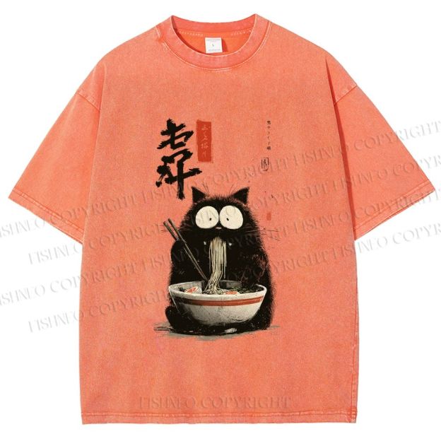 Unisex Ramen Cat Printed Washed Tee