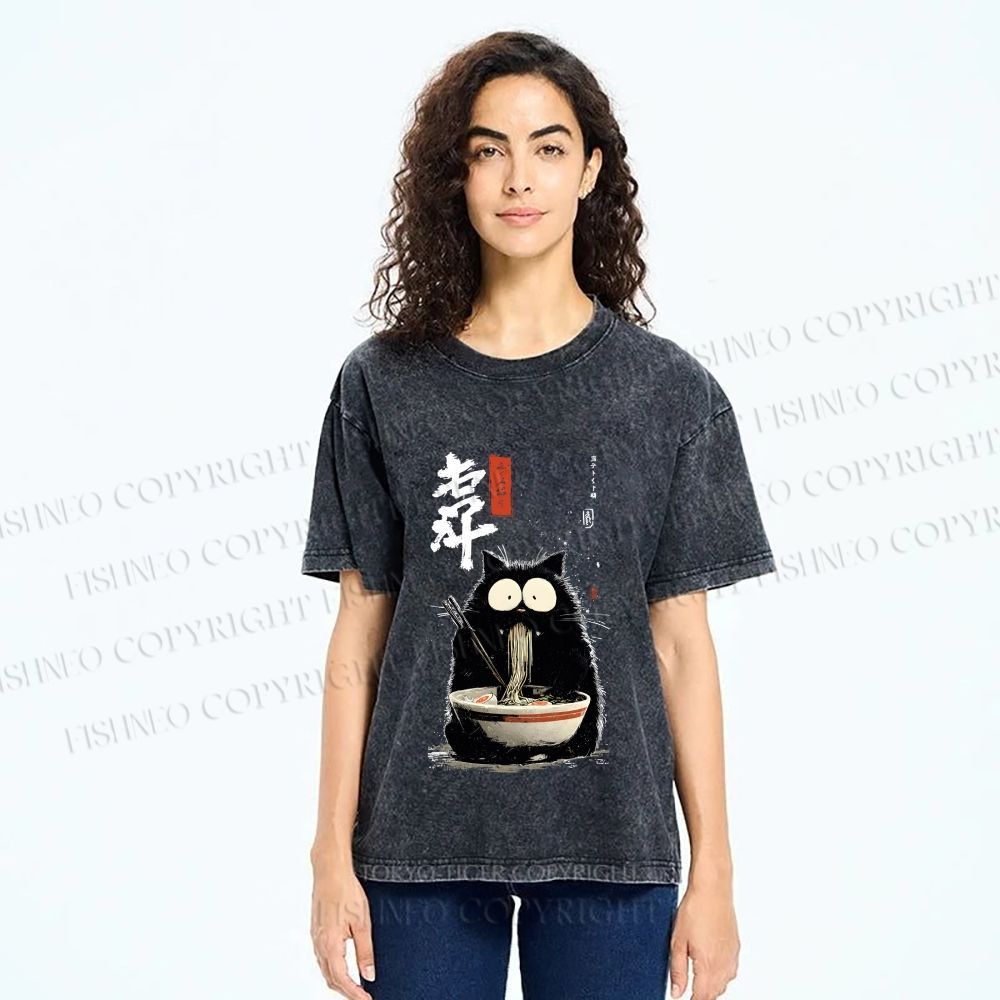 Unisex Ramen Cat Printed Washed Tee
