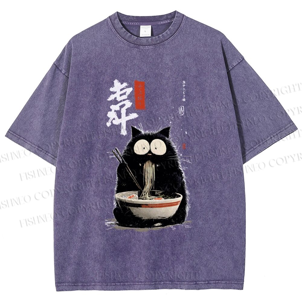 Unisex Ramen Cat Printed Washed Tee