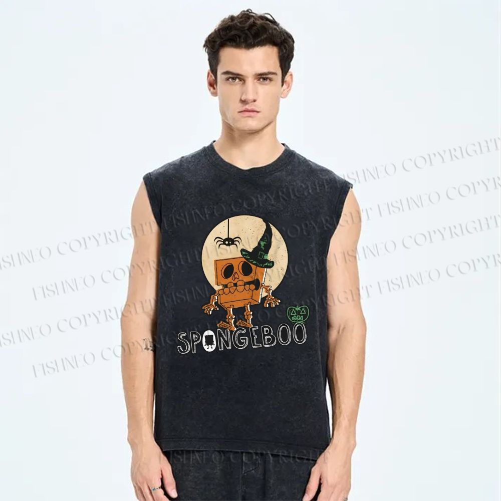 Unisex Halloween Spongeboo Printed Washed Tank Top