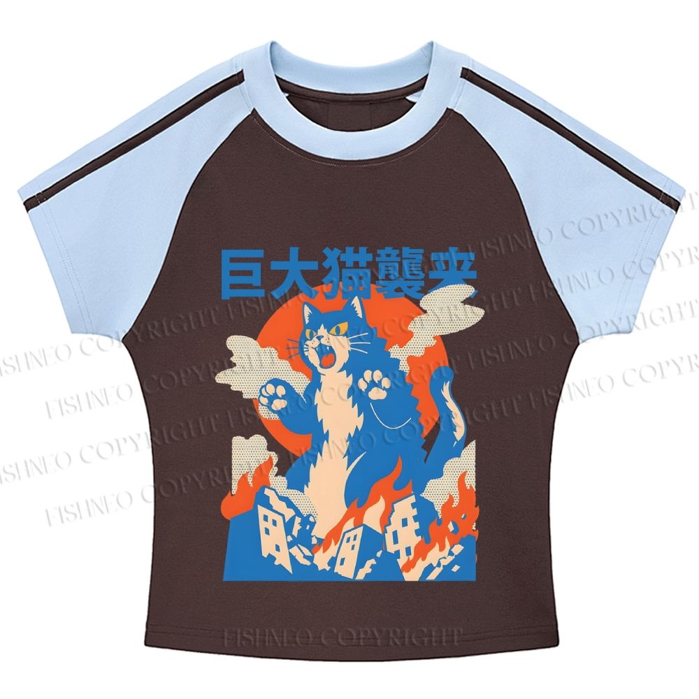 Giant Cat Monster Attack Stripe Raglan Baby Tee