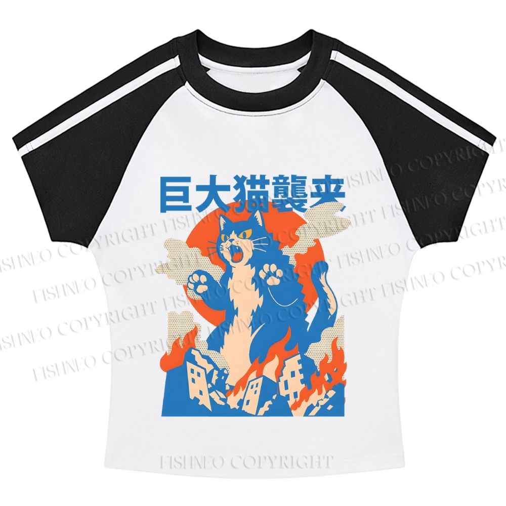 Giant Cat Monster Attack Stripe Raglan Baby Tee