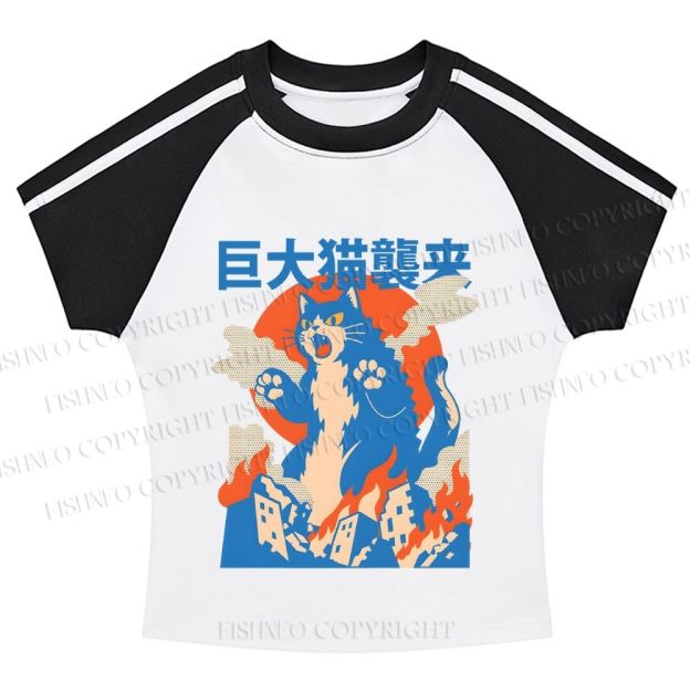 Giant Cat Monster Attack Stripe Raglan Baby Tee