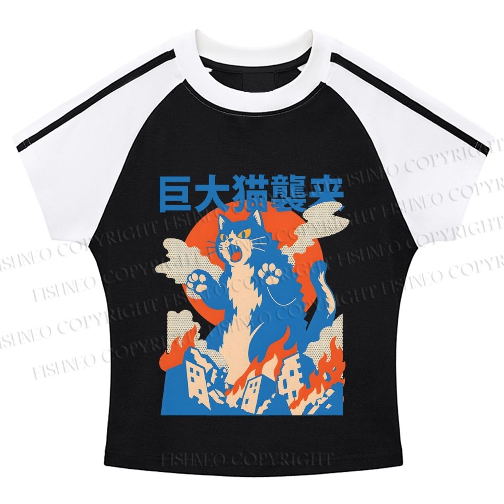 Giant Cat Monster Attack Stripe Raglan Baby Tee