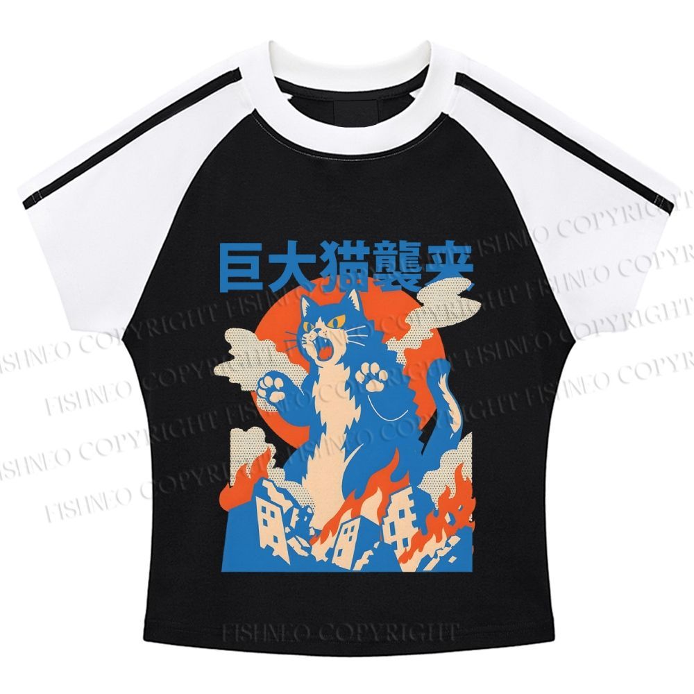 Giant Cat Monster Attack Stripe Raglan Baby Tee