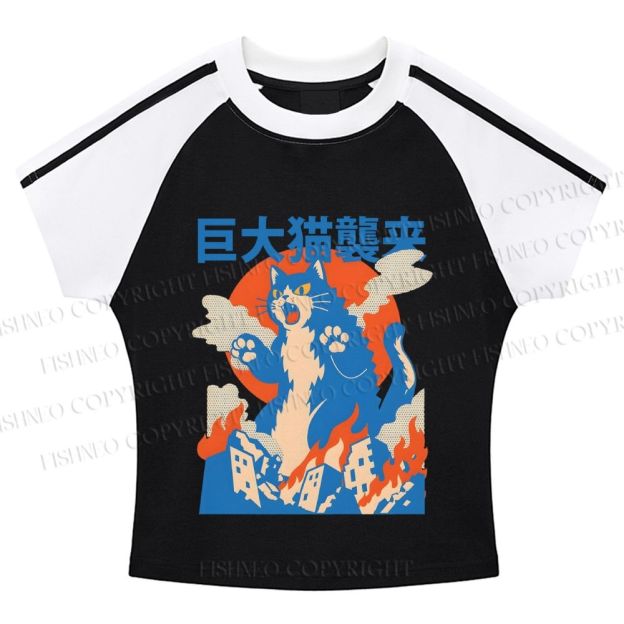 Giant Cat Monster Attack Stripe Raglan Baby Tee
