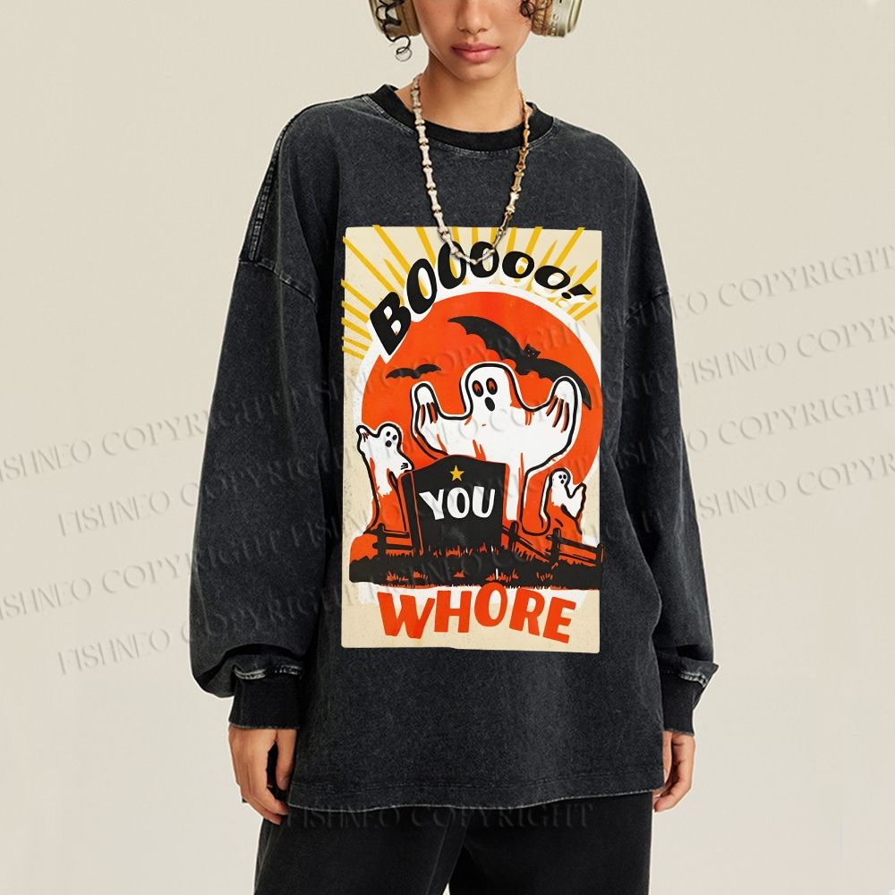 Unisex Casual Washed Halloween Ghosts Printed Long Sleeve T-shirt