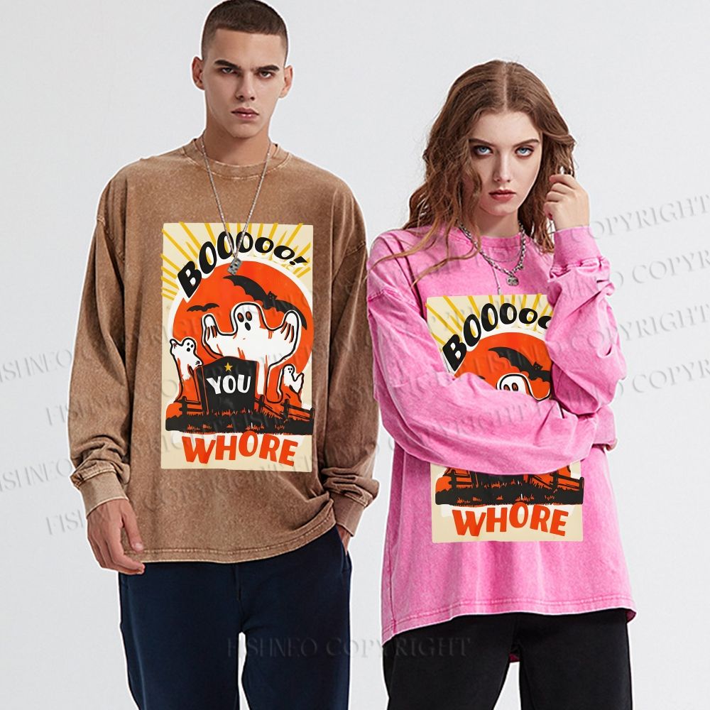 Unisex Casual Washed Halloween Ghosts Printed Long Sleeve T-shirt