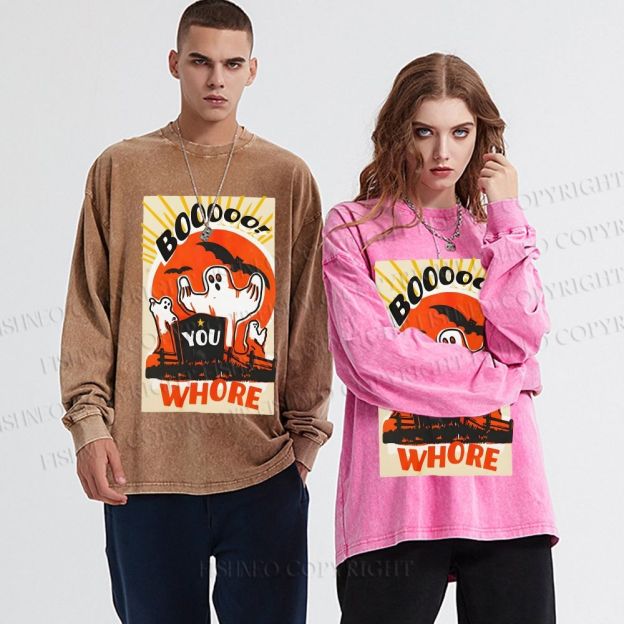 Unisex Casual Washed Halloween Ghosts Printed Long Sleeve T-shirt