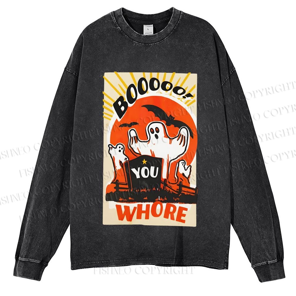 Unisex Casual Washed Halloween Ghosts Printed Long Sleeve T-shirt
