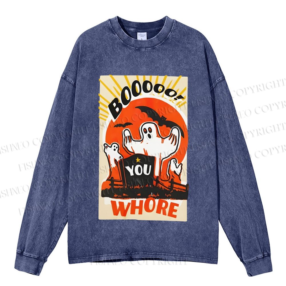 Unisex Casual Washed Halloween Ghosts Printed Long Sleeve T-shirt