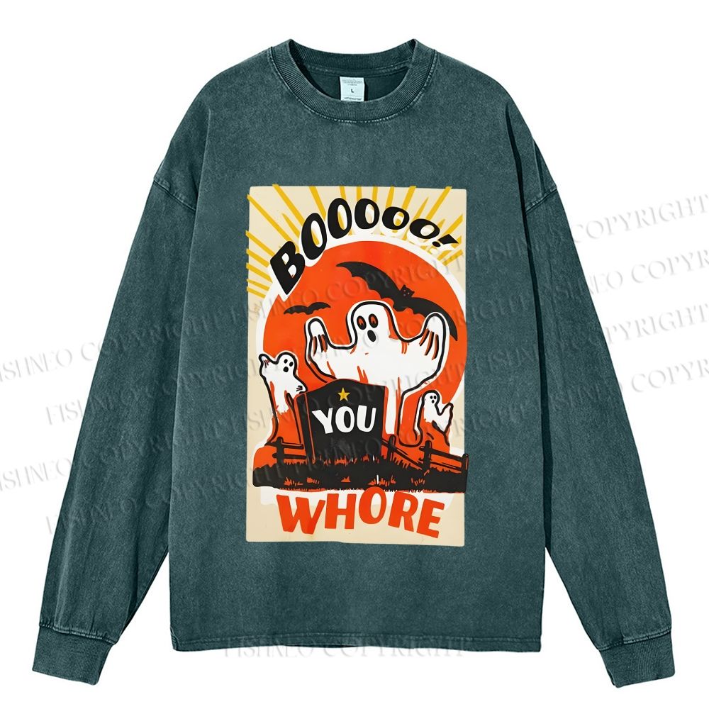 Unisex Casual Washed Halloween Ghosts Printed Long Sleeve T-shirt