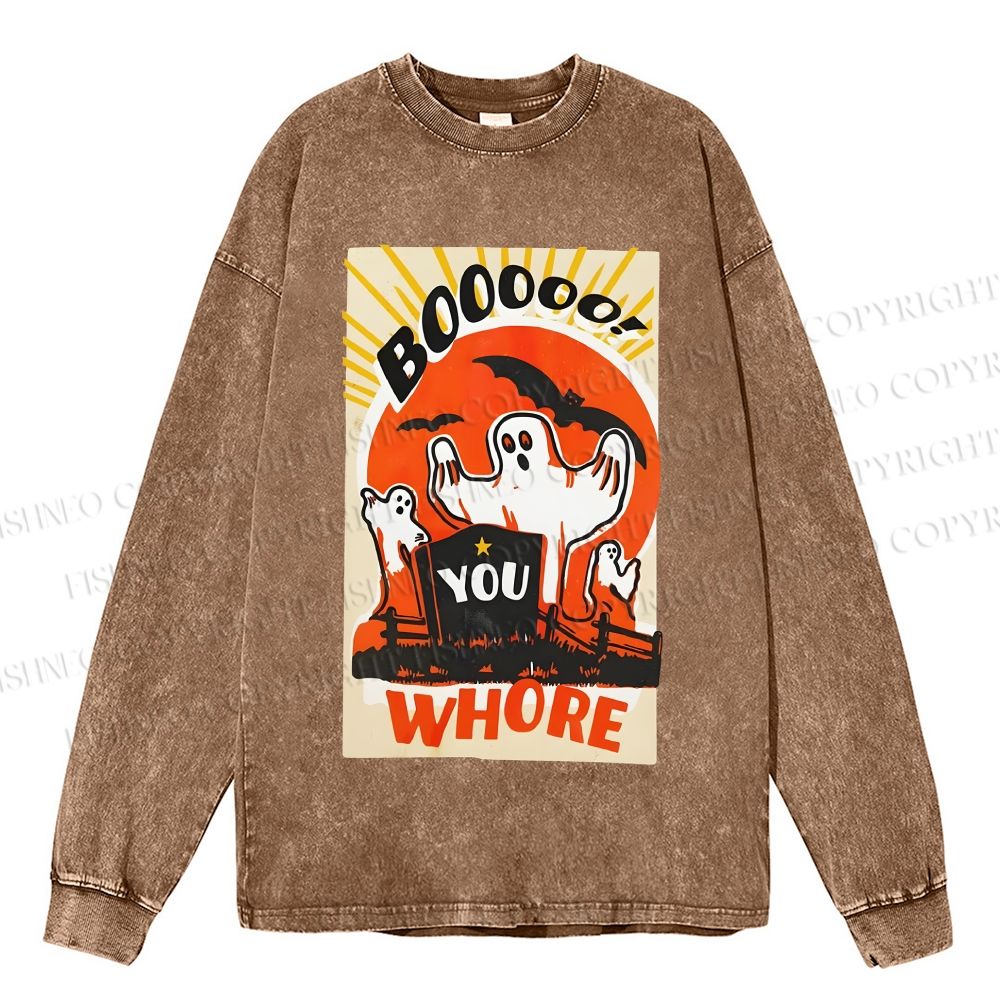Unisex Casual Washed Halloween Ghosts Printed Long Sleeve T-shirt
