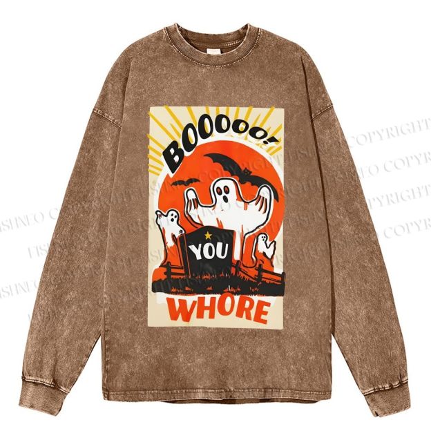 Unisex Casual Washed Halloween Ghosts Printed Long Sleeve T-shirt