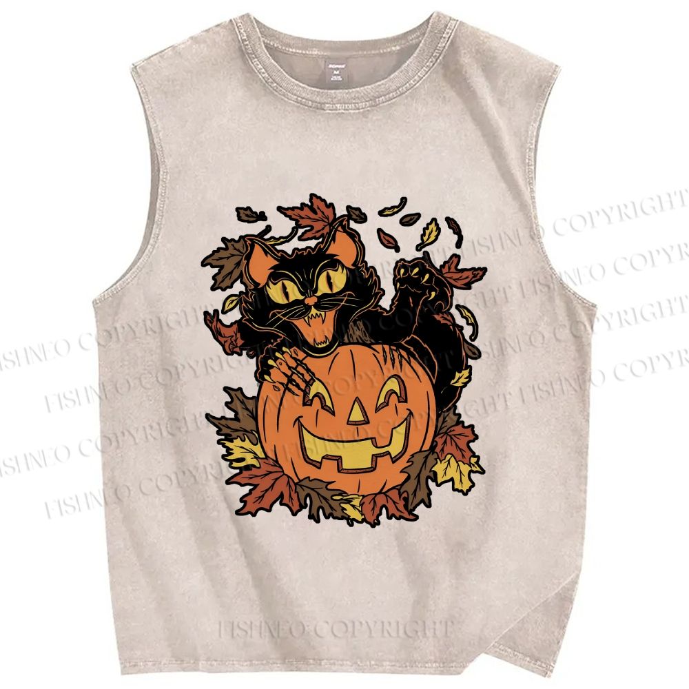Unisex Halloween Black Cat Printed Washed Tank Top