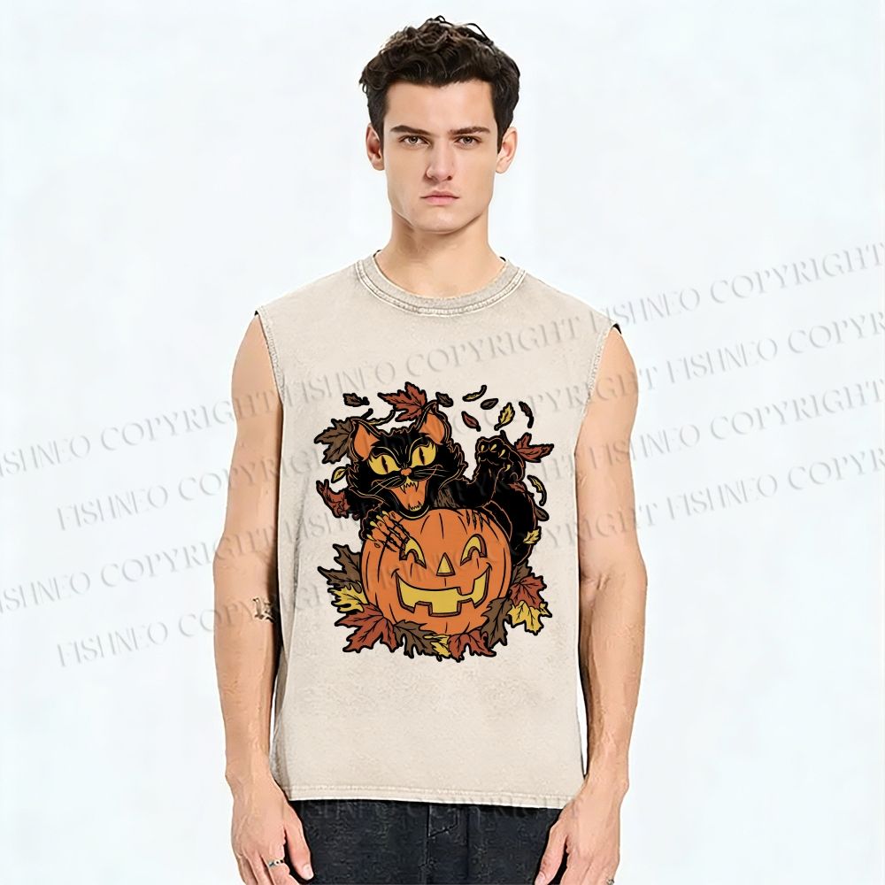 Unisex Halloween Black Cat Printed Washed Tank Top