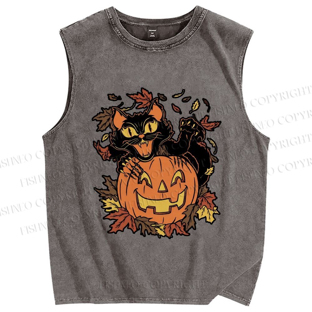 Unisex Halloween Black Cat Printed Washed Tank Top