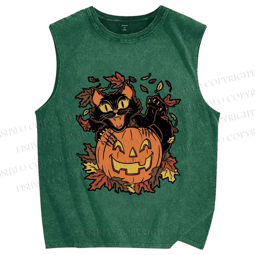 Unisex Halloween Black Cat Printed Washed Tank Top